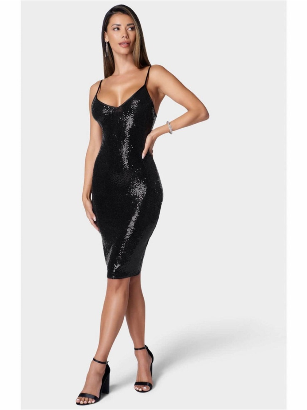 bebe Black Sequin Midi Bodycon Dress